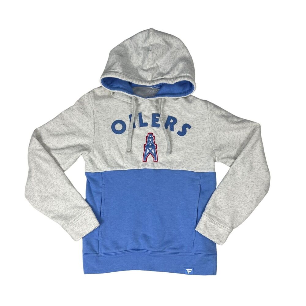 Houston Oilers Texans Fanatics White Blue Throwback Arch Women's Hoodie Sz S